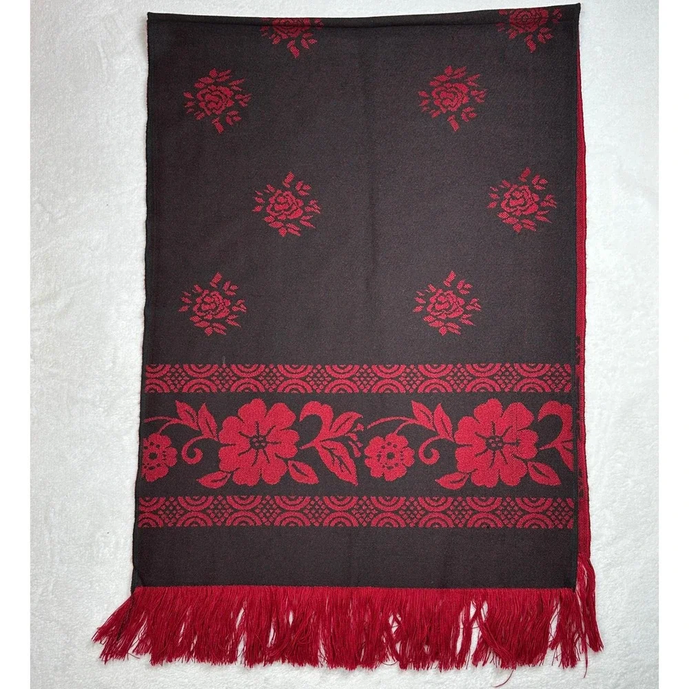 Red‎ Black Floral Rose Fringe Scarf Shawl Wrap Womens